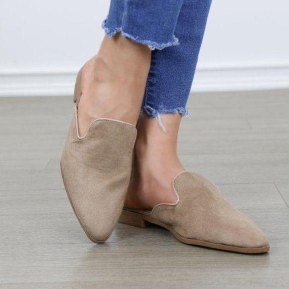 Tan Suede Pointy Toe Slip On Mule Loafers - Picture 7 of 7